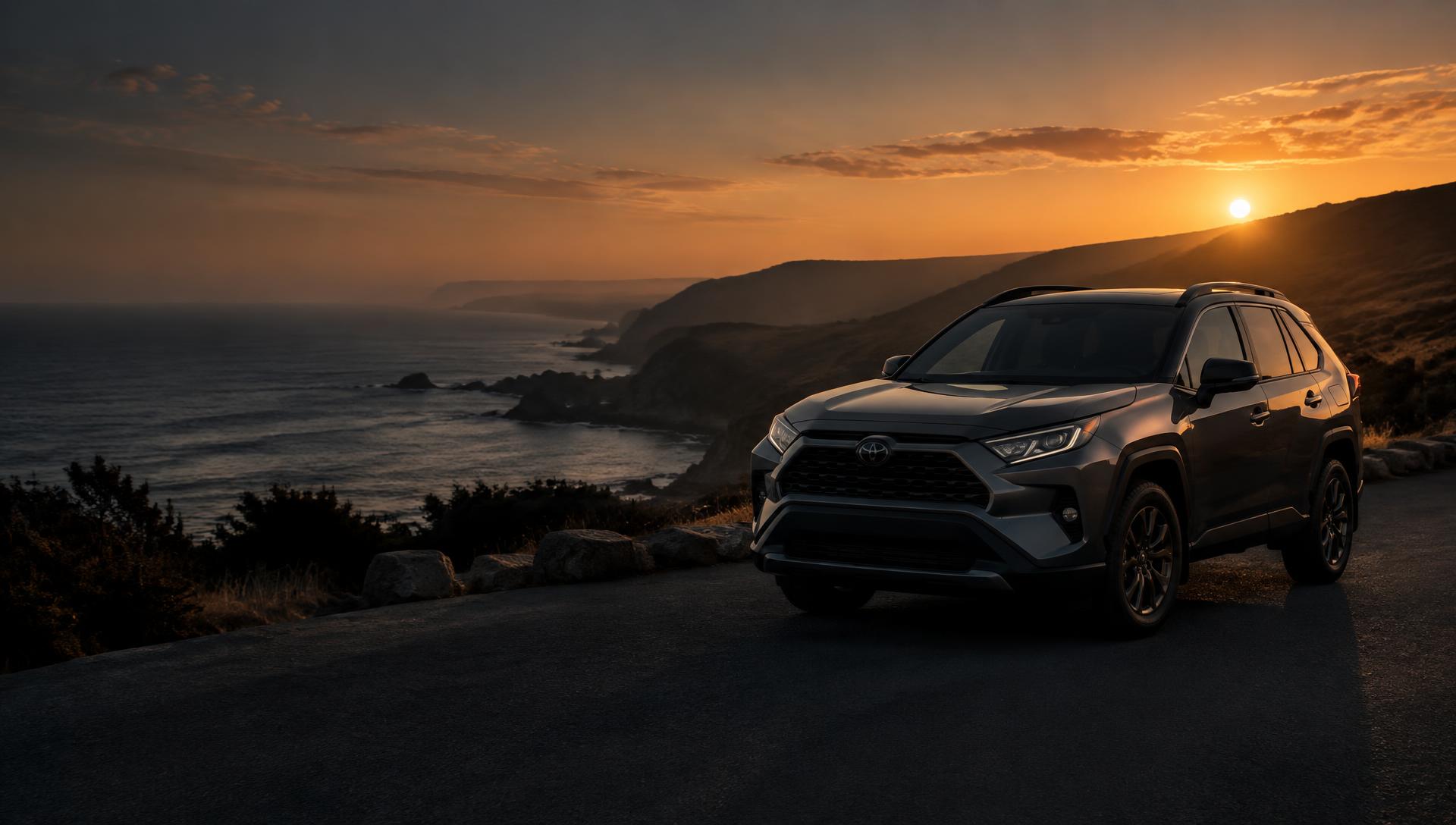 Illustrative photograph of an SUV on a coastal road at sunset